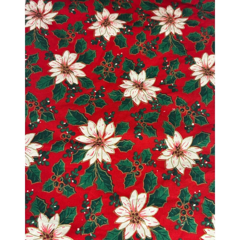 Vintage Christmas Poinsettia Holly Floral Fabric 72"L x 41"W 2 Yards